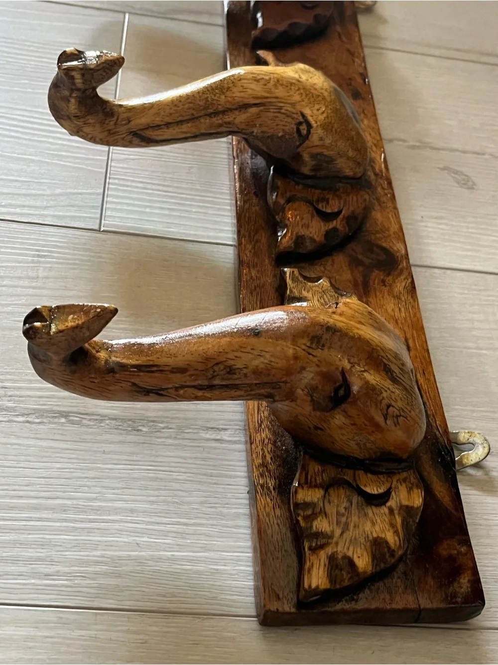 Hand-Carved Wooden Wall Hook Rack in Brown